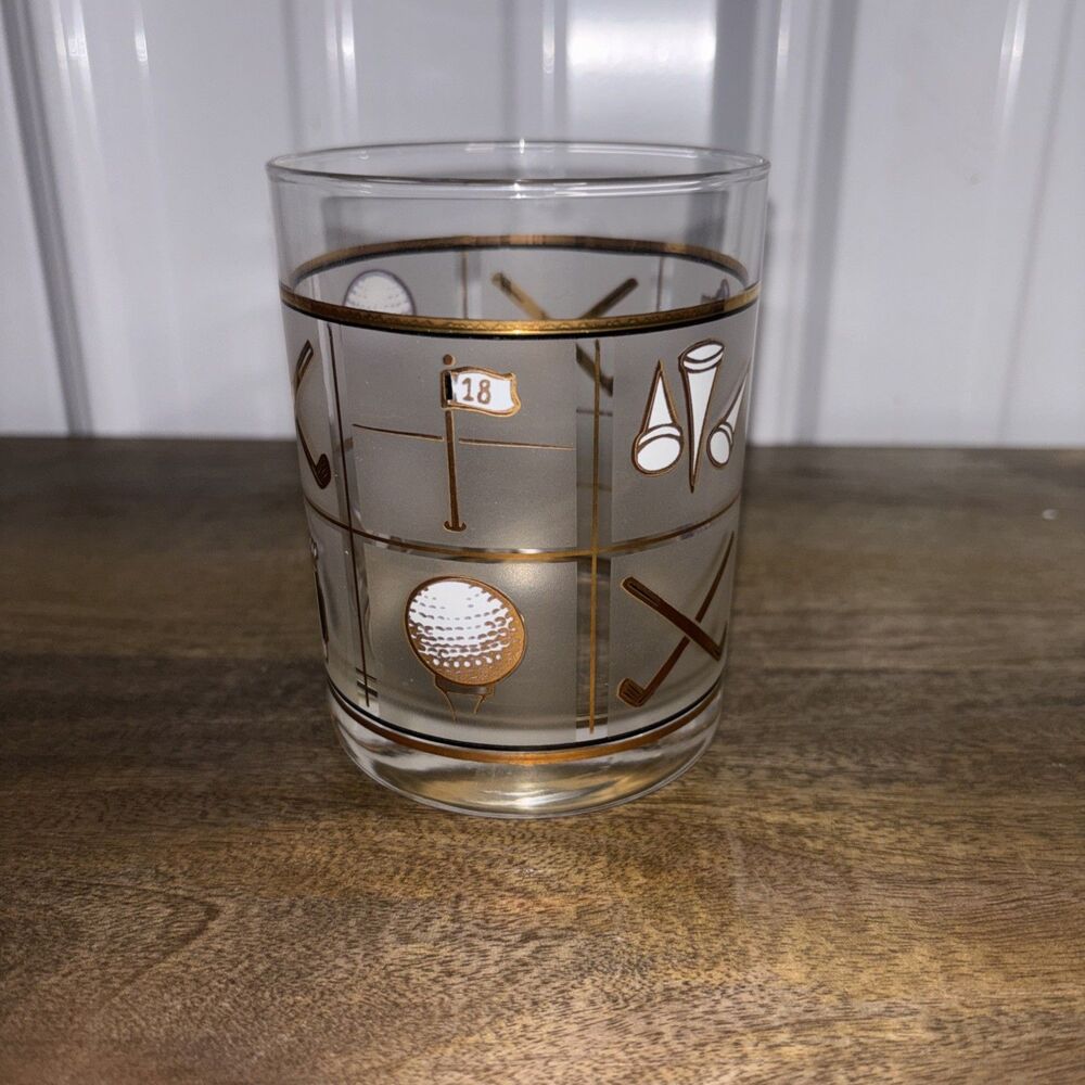 Culver USA Fairway 22k Gold Golf Accents Double Old Fashioned Cocktail Glass MCM